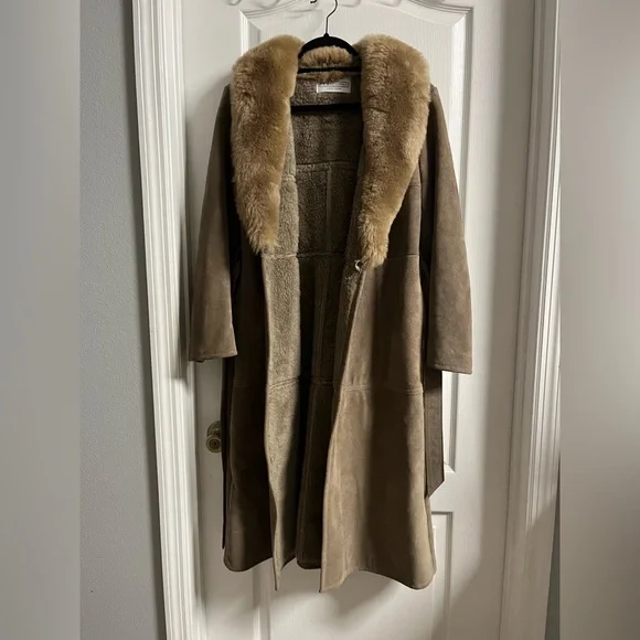Women's Vintage Suede Fur Lined Brown Fur Collar Coat - Picture 1 of 10